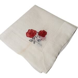 VTG 1960'S WOMENS HANKIE RED ROSE EMBROIDERED FLOWERS BRIDAL WEDDING WHITE
